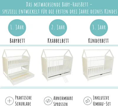Produktbild von Babybett Beistellbett mit Schublade Hausbett Kinderbett Baby Bett höhenverstellbar und umbaubar, mit Matratze, weiß, 60x120 cm