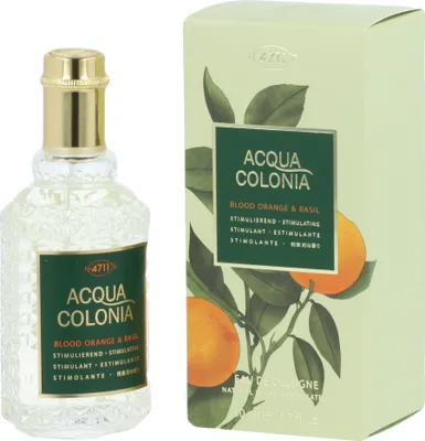 A bottle of 4711 Acqua Colonia Blood Orange & Basil Eau de Cologne and its packaging are displayed side-by-side against a white background.