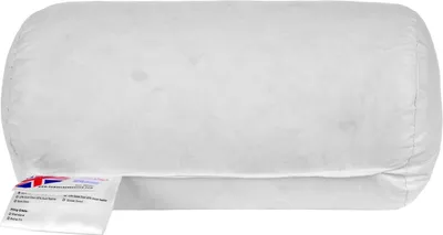 A white bolster pillow with a tag attached.