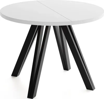 Produktbild von Runder Esstisch Ausziehbar 100–140 cm mit Schwarzen Holzbeinen aus Buchenholz – Moderner Ausziehtisch für Esszimmer, Küche und Wohnzimmer – Tisch für 4–8 Personen – Weiß