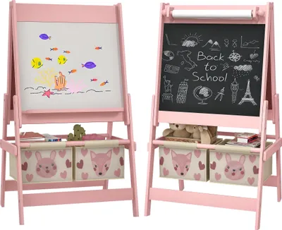 Image de AIYAPLAY Tableau chevalet enfant ardoise double face tableau blanc tableau à craie rouleau papier 2 paniers 54 x 46,5 x 93 cm rose