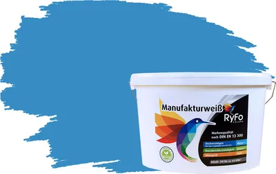 Produktbild von RyFo Colors Bunte Wandfarbe Manufakturweiß Französischblau 10l - weitere Blau Farbtöne und Größen erhältlich, Deckkraft Klasse 1, Nassabrieb Klasse 1