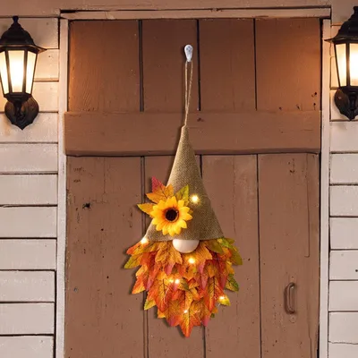 Produktbild von Herbstkranz für Haustür mit Ahorn und Gnom, Dekoration für Ernte, Thanksgiving, Halloween