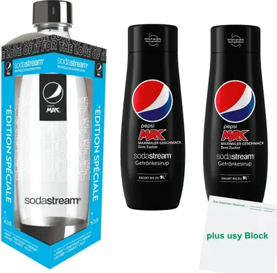 Produktbild von SodaStream Pepsi Max Bundle (1l Flasche mit Pepsi Max Logo + 2x440ml Pepsi Max Sirup) + usy Block