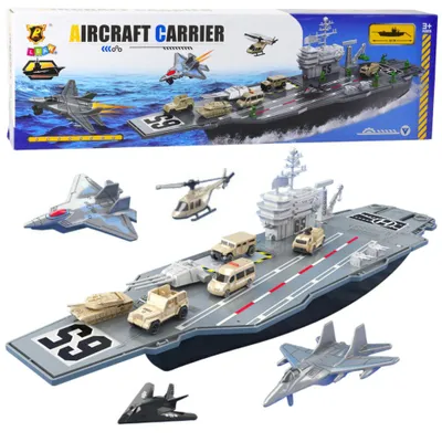 Image de Grand porte-avions militaire, chasseurs, chars d'assaut, véhicules