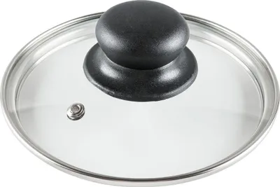 A close-up view of a glass lid for a pot or pan.