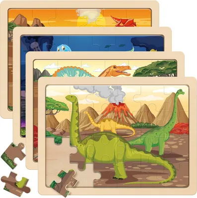 Obrázok produktu pre Dinosurie puzzle pre deti 4 x 24 dielikov, drevené puzzle 3-6 rokov, vzdelávacia hračka, pre chlapcov