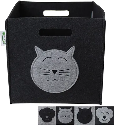 Produktbild von SILUK Filzkorb Korb Ordnungsbox Aufbewahrungsbox Spielzeugkiste Kinderzimmer Spielzeug Faltbar Aufbewahrung im Kallax Regal (Anthrazit, Katze)