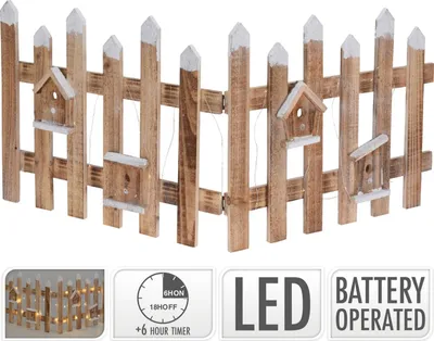 A wooden fence with birdhouses and LED lights.