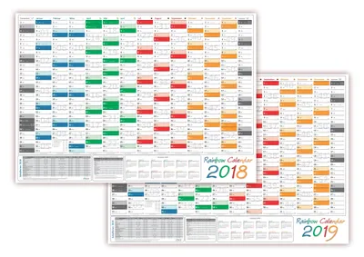 Produktbild von Rainbow Wandkalender / Wandplaner 2018 + 2019 - gefaltet DIN A2 Format (420 x 594 mm) mit 14 Monaten, kompletter Jahresvorschau Folgejahr und Ferientermine/Feiertage aller Bundesländer