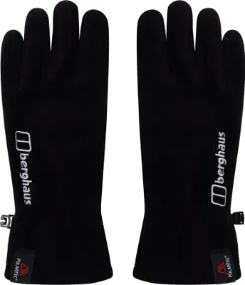 Schwarze Fingerhandschuhe aus Polartec-Fleece von Berghaus; mit Logo und verstellbarem Riemen.