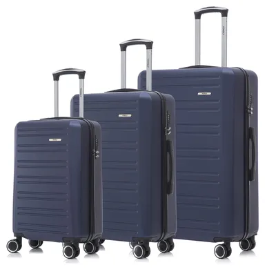 Produktbild von Suitcase Set, Rollkoffer Handgepäck, Kofferset, mit 4 Rollen 360°, Hartschalenreise Zahlenschloss, Weicher Gummigriff (3er Set, M,L&XL, Dunkelblau)