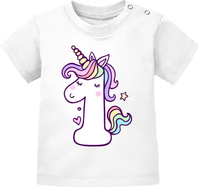 Produktbild von Baby T-Shirt kurzarm Babyshirt Einhorn Geburtstag 1 Jahr ein Jahr Mädchen Shirt Moonworks® weiß 92/98 (16-24-Monate)
