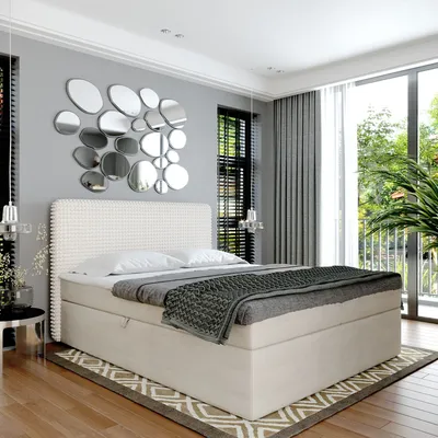 Image de Lit double boxspring SUZI - Lit avec matelas Bonell, avec sommier pour linge de lit et topper. Tête de lit rembourrée avec un design élégant d'oreiller doux (beige, 180x200)