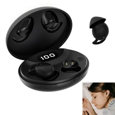 A collage of images showing black wireless earbuds in their charging case, a single earbud, and a woman sleeping with an earbud in her ear.