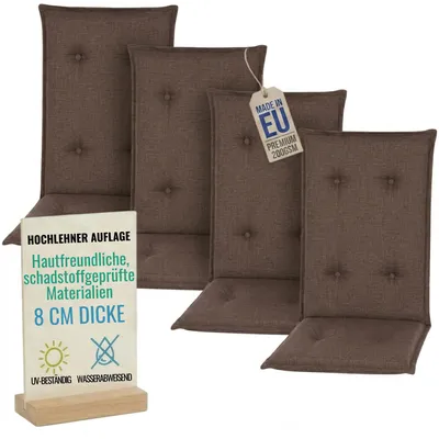 Produktbild von Pillows24 - 4x Hochlehner Auflagen 120x50x8 cm | Gesteppte Wetterfeste Gartenstuhlauflagen | Polster Sitzkissen für  Gartenmöbel |   EU | Braun