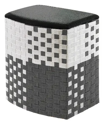 A laundry basket with a woven pattern in black and white, and a black lid.