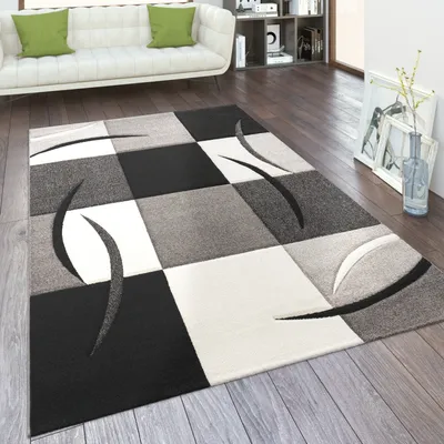 A modern living room with a sofa, bookshelf, and a rug.