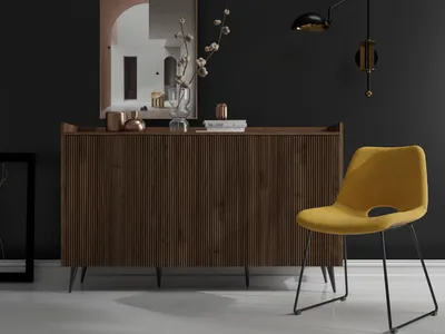Produktbild von Sideboard 150 cm mit Rillenfronten & 3 Push-to-Open Türen – Wohnzimmerschrank Buffet-Kommode mit Stauraum, hohe Metallfüße, Braun Walnuss Holzoptik – Industrial-Loft & Skandi – Arysa