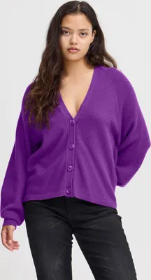 Image de Cardigan Ichi IHBOSTON pour femme, à boutons, col en V, manches bouffantes, coupe ample