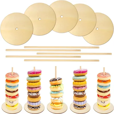 Imagen del producto de Torre de donuts de madera, de 5 piezas, con 30 cm de altura, ideal para postres