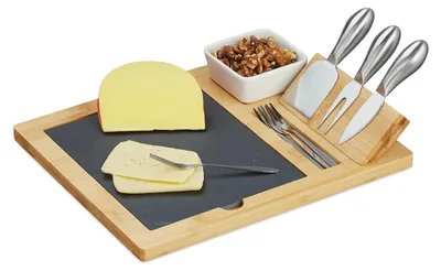 Image de Planche à fromage - Petite planche en bois - Set de couverts pour fromage - 4 fourchettes de service - Assiette - Planche à tapas en bambou - Naturel - Noir