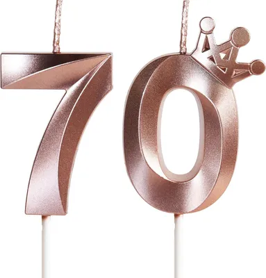 Zdjęcie produktu dla Świeczki urodzinowe "Rose Goud" na 70. urodziny, z dekoracją w kształcie korony, świeczka 3D z numerem 70, świeczka na tort na 70. urodziny, świeczka z życzeniami