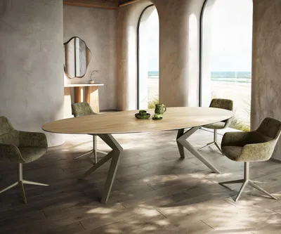 Produktbild von DELIFE Esstisch Edge Oval 280x130 Keramik Laminam® Sabbia Eichefarbig Zenthara kantig Metall Effektfinish Titan