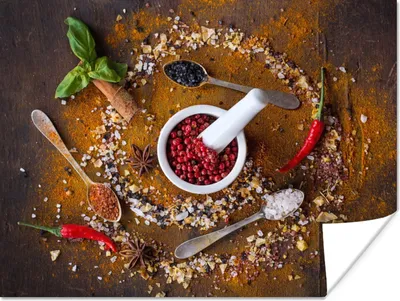 Produktbild von MuchoWow® Poster Mörser - Kräuter - Löffel - Gewürze - Braun - Pfeffer 160x120 cm - Foto Plakat