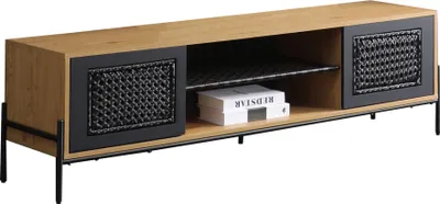 Produktbild von SalesFever Lowboard mit Polyrattan | 2 Türen, 2 offene Fächer | MDF natur | Gestell Metall schwarz | B 161 x T 40 x H 47 cm
