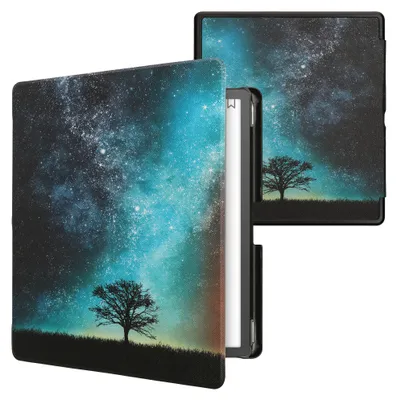 Produktbild von kwmobile Schutzhülle für Amazon Kindle Scribe (2022/2024) Hülle - eReader Flip Case mit Auto Sleep Funktion - Galaxie Baum Wiese mit Blau Grau Schwarz