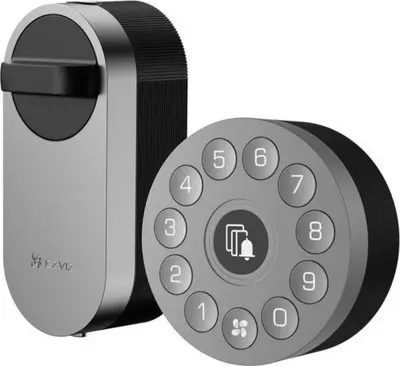 A smart lock and keypad are shown against a white background.