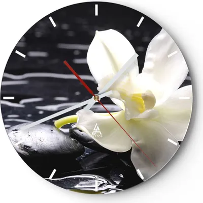 Produktbild von Wanduhr - Rund - Glasuhr - Spa Orchidee Steine Wasser - 30x30cm - Schleichendes Uhrwerk - Lautlos - zum Aufhängen bereit - Dekoration Modern - Wanddekoration aus Glas - C3AR30x30-0444