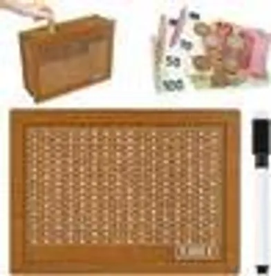 Produktbild von Spardose aus Holz, Retro Sparbüchse Aufbewahrungsbox, Sparbox, Spardose Kinder-Sparziel, Sparschwein mit Marker, Wiederverwendbare Spardose mit Sparziel und Zahlen zum ankreuzen