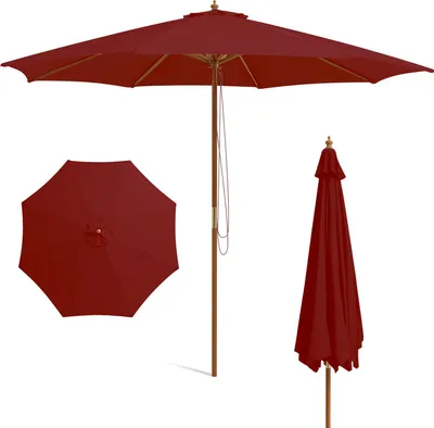 Three views of a red patio umbrella on a white background: one open and upright, one open and viewed from above, and one closed.
