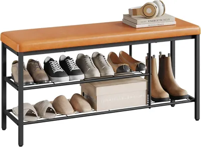 Produktbild von WOLTU Schuhbank mit Sitzfläche, Schuhregal mit Sitzbank | 3 offene Fächer für Stiefel Schuhe, 100x50x30 cm, Braun