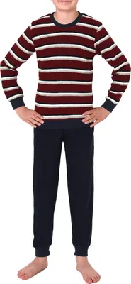 Produktbild von Jungen langarm Frottee Schlafanzug Pyjama mit Bündchen in Streifenoptik ; rot , 152