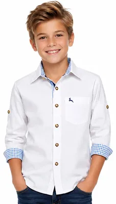 Produktbild von Isar-Trachten Kinder Trachtenhemd "Luis" Hirschmotiv 48202 | Weiß Blau Variante: 140