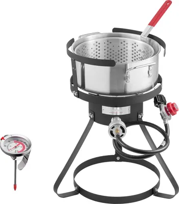 A deep fryer set with a thermometer is shown against a white background.
