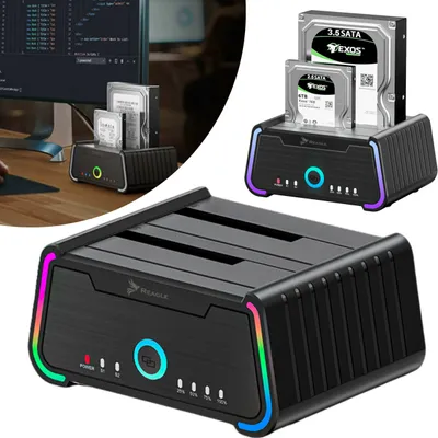Zdjęcie produktu dla Klonowana stacja dokująca 2,5", 3,5" SATA 2x HDD SSD 2x 22TB, kabel USB-A/USB-B 3.0 REAGLE