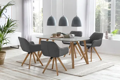Produktbild von SalesFever Essgruppe 5-tlg. | 180 x 90 cm | Tischplatte grau + Gestell Eiche | 4x Stuhl Textil grau + Beine Eiche