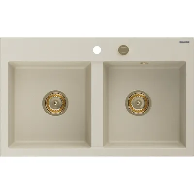 Zdjęcie produktu dla Mexen Hektor zlewozmywak granitowy 2-komorowy 800 x 480 mm, beżowy, syfon złoty - 6521802000-69-G