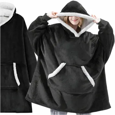 Zdjęcie produktu dla Ciepła Bluza Koc Oversize Z Kapturem 2W1 Gruba Xxl Czarny Futrzak Kocobluza