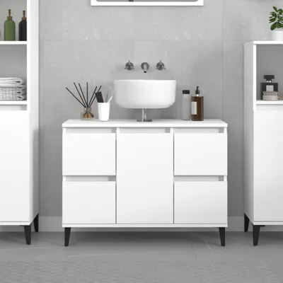 Obrázok produktu pre Umývadlová skrinka 80x33x60 cm, povrchová úprava dreva, biela, s kovovými nožičkami a úložným priestorom