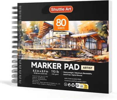 Productafbeelding van Art Marker Pad, 8.3"x8.9" Draagbaar Vierkant Schetsboek, 80 Vellen Marker Tekening Papier, 120 lb/200GSM Bleedproof Art Paper, Spiraal-gebonden