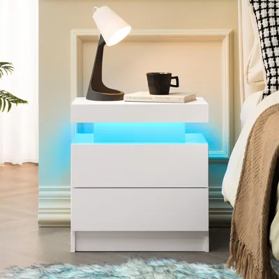 Produktbild von Ropilly LED-Nachttisch mit 2 Schubladen, weißer Nachttisch aus Holzwerkstoff mit LED-Beleuchtung für Schlafzimmer und Wohnzimmer