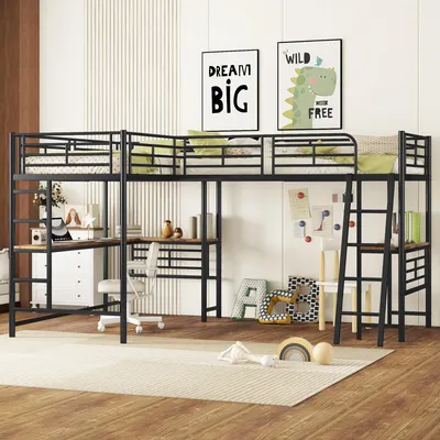 Produktbild von Hochbett, 90×200 cm, zwei Etagenbetten mit Tisch unter dem Bett, Doppeltreppe & hohem Geländer, Schwarz