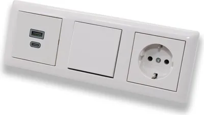 Produktbild von EBROM USB-C und USB-A Unterputz Lader, 45+15 Watt Leistung, Schnellladefunktion für Wearables, Smartphones Tablets + Gira Tastschalter 015100 + Steckdose mit Kinderschutz System 55 reinweiß glänzend