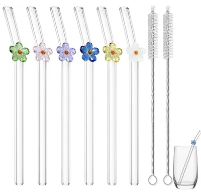 Productafbeelding van Glazen rietjes - Herbruikbaar met bloemenmotief - Set van drinkrietjes - 20 cm lang - 6 stuks