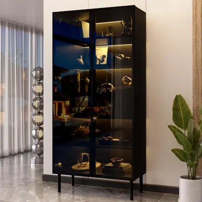 Produktbild von Merax Vitrine mit LED Beleuchtung, Glasschrank mit Glastüren, App steuerbare Beleuchtung, 2 Schubladen, Innenregale, Aufbewahrungsschrank, Schwarz